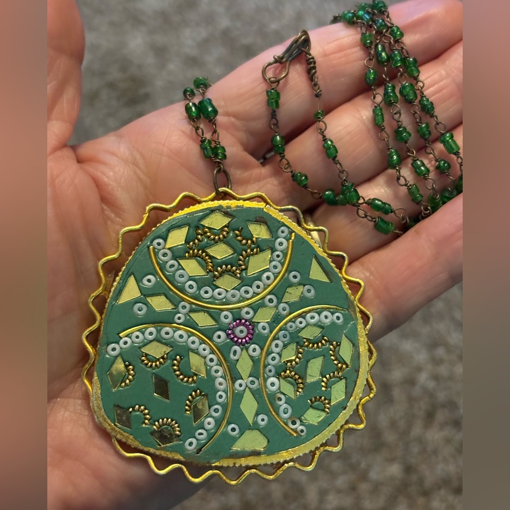 Vintage Indian Pendant Green & Gold Mosaic Long Unique Necklace